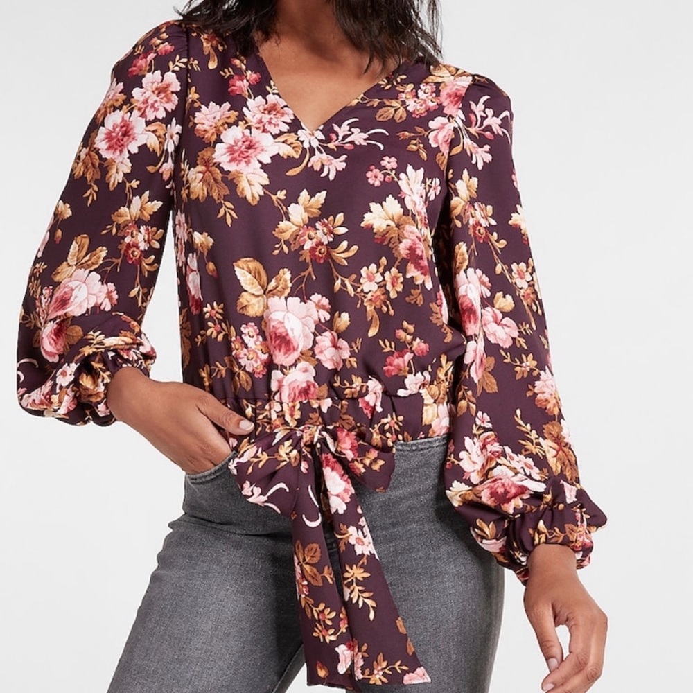 Floral Print Balloon Sleeve Tie Waist Top